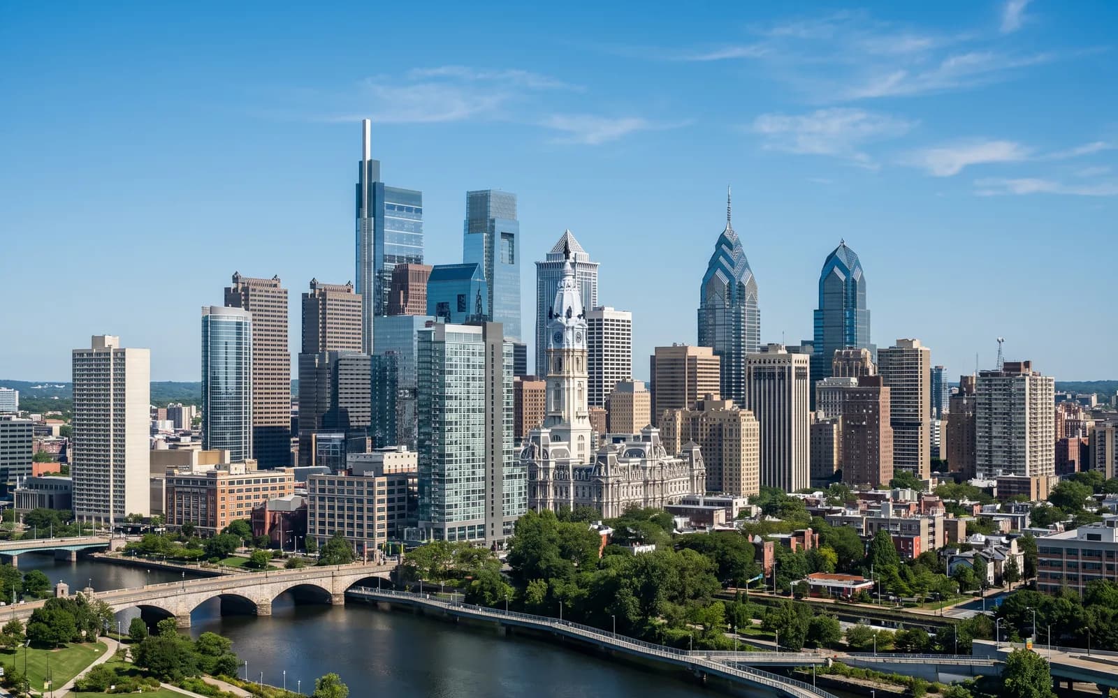 The Philadelphia skyline in clear daytime light